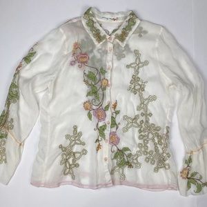 Johnny Was White Rayon Button Up Blouse Floral Embroidered Lightweight Blouse XL